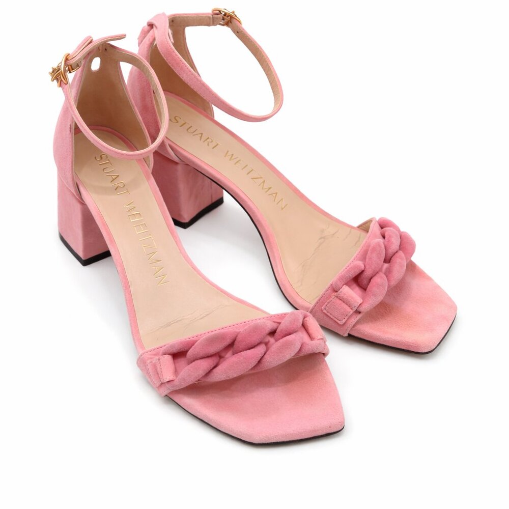 Stuart Weitzman Amelina 50mm Block Heel Chain Sandals Pink Suede Size 7.5